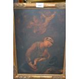 19th Century oil on millboard, the Madonna and child with angels above, 16ins x 11.5ins