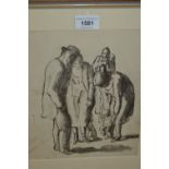 Harold Hope Read, monochrome watercolour, figures in conversation, unsigned, 9.5ins x 8ins, framed