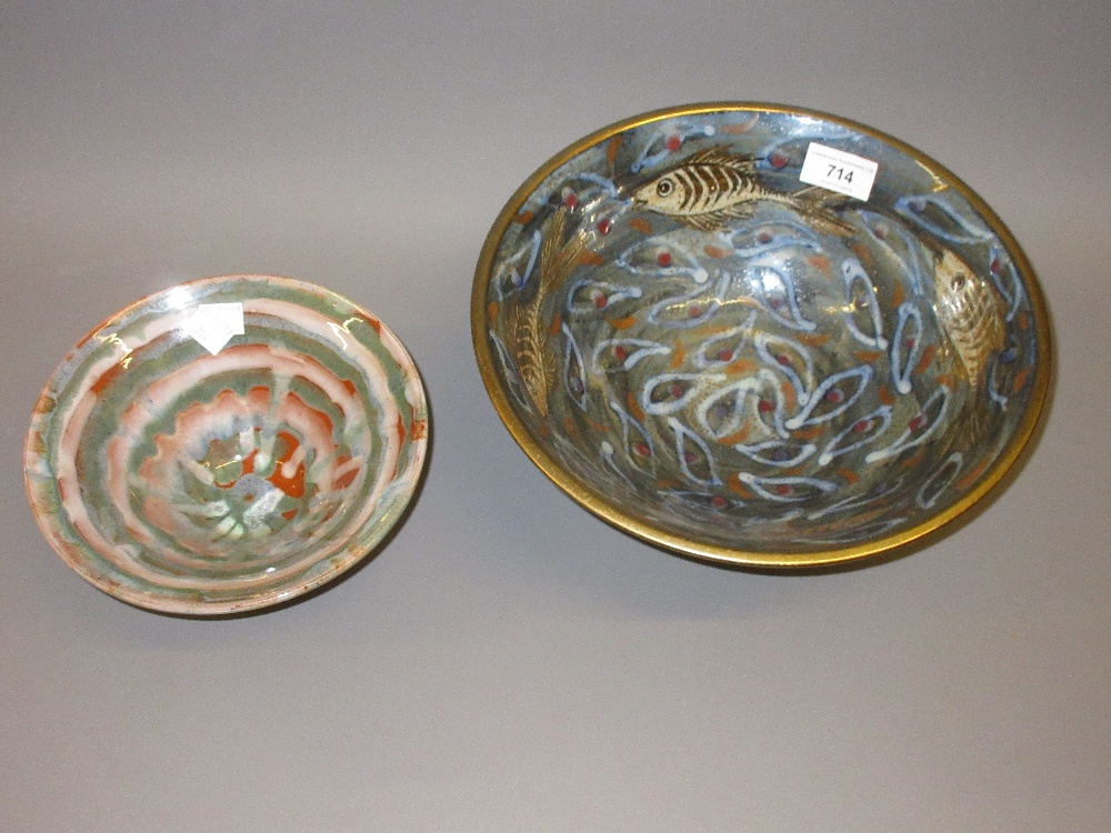 Robert Goldsmith lustre pottery bowl decorated with fish, 11ins diameter, and another smaller