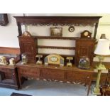 George III oak mahogany crossbanded and line inlaid dresser, the moulded cornice above an