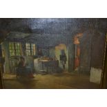 A. Mantur, early 20th Century oil on canvas, cottage interior with seated figure, signed and dated