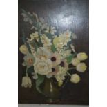 Late 19th / early 20th Century oil on panel, still life study of flowers in a jug bearing