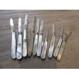 Collection of ten various silver and mother of pearl folding fruit knives, mainly 19th Century