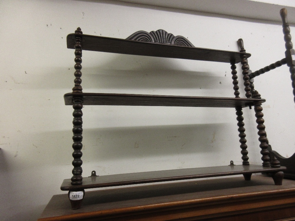 Hardwood three shelf hanging wall bracket with bobbin turned supports Good condition, no damages