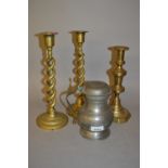 Pewter lidded tankard, pair of brass open barley twist candlesticks and a knopped stem Victorian