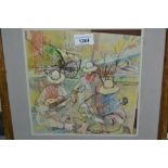 Hugo Bogado Barrios, watercolour, three Ecuadorian figures playing guitars, signed, 9ins square,