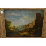 18th Century Continental oil on panel, figures in a landscape with buildings and river, 10ins x