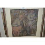 Harold Hope Read, pastel still life study, the artist seated in a library, unsigned, 11ins x