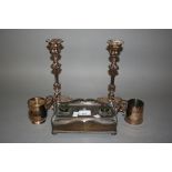 19th Century rectangular plated on copper inkstand, together with a pair of plated candlesticks