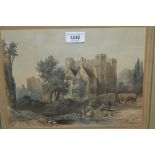 Coloured print, 'The Gateway Kenilworth', pencil sketch of a house inscribed Broszkow, large