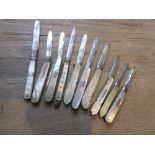 Collection of ten various silver and mother of pearl folding fruit knives, mainly 19th Century