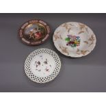 19th Century Meissen plate painted with insects and flowers within a pierced border, together with a