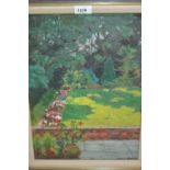 John P. Raw, oil on board, view of a summer garden from a patio, signed and dated '80, 15.5ins x