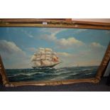 Early 20th Century oil on canvas, three masted sailing ship in heavy seas, signed indistinctly,