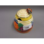 Clarice Cliff ' Gay Day ' beehive form floral painted preserve jar with cover Finial has been off