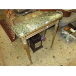 Early 20th Century gilt single drawer console table, the green flecked marble top raised on carved