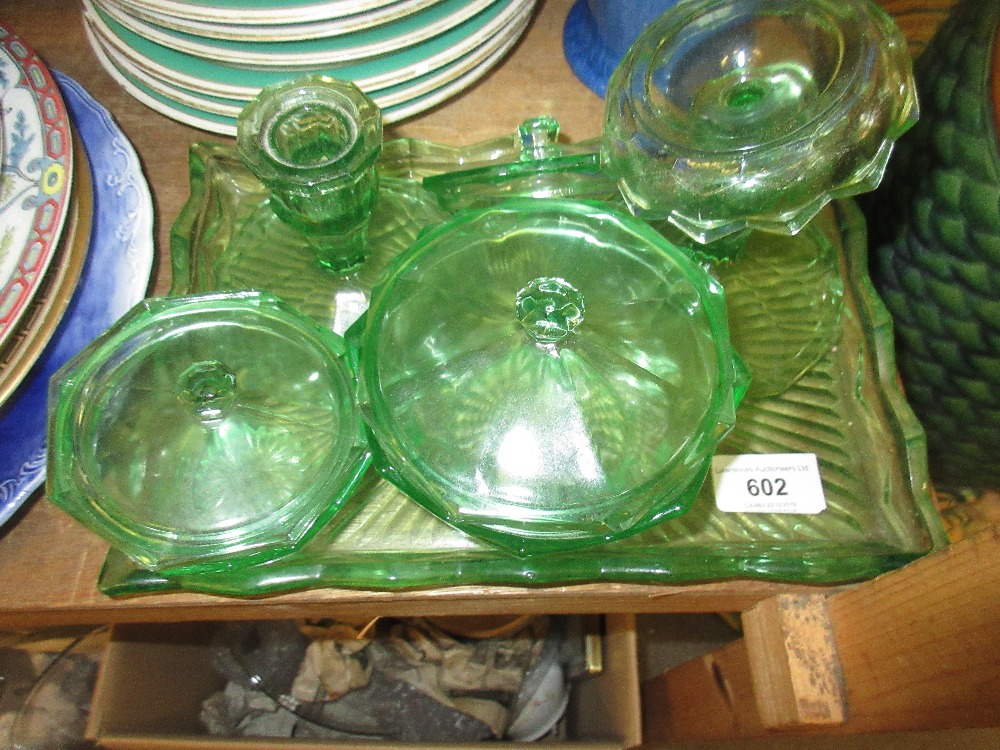 Art Deco green moulded glass dressing table set