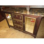 20th Century marble topped side cabinet with central drawers flanked by mirrored doors on low