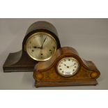 Edwardian inlaid mantel clock and an oak three train mantel clock