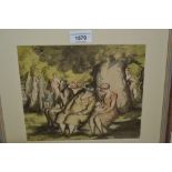 Harold Hope Read, seated figures around a tree, unsigned, 7.5ins x 9ins, framed