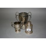 Birmingham silver teapoy, a silver trophy cup and a plated trophy cup