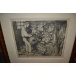 Large late 19th Century engraving, figure feeding cattle in a barn, signed F. Boehls, dated 1896,