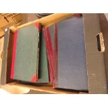 Box containing a quantity of part leather bound accounting books One is used, one with pages missing