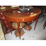 George III mahogany crossbanded and line inlaid D-shaped fold-over card table on square tapering