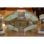 Art Deco green and brown onyx three piece clock garniture, the gilt dial with Arabic numerals