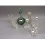 Bohemian green overlay glass decanter, small Georgian cut glass decanter with mushroom stopper,