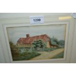 George Oyston, watercolour, children playing on a farm gate before a cottage, a boy in pull-along