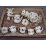 19th Century Continental porcelain part coffee service painted with blue flowers 5 cups (1 handle