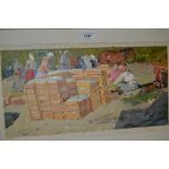 Russian school oil on canvas laid onto board, figures at a street market, monogrammed, also signed