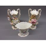 Pair of 19th Century English porcelain two handled vases with floral encrusted decoration together