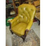 19th Century carved mahogany and button leather upholstered tub shaped drawing room chair on