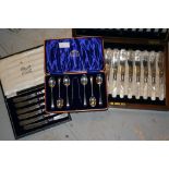 Cased set of twelve mother of pearl and silver plated fish knives and forks, together with a cased