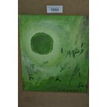 Oil on board, abstract composition, deer before a green moon, bearing signature Zorwokin, 9ins x 7.