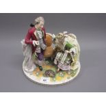 Sitzendorf porcelain group, two figures with a dog on an oval neo classical base (some damages and