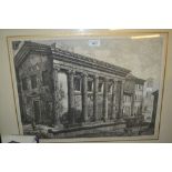 19th Century black and white engraving, ' Temple Ruins, Rome ', 15ins x 21ins, framed