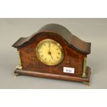 Edwardian mahogany marquetry inlaid dome top mantel clock, the dial with Roman numerals flanked by