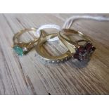 9ct Yellow gold three stone emerald and diamond ring, together with a 9ct garnet and diamond cluster