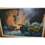 B. Wiseman, 20th Century oil on canvas, World War II desert battle with jeeps and machine guns,