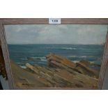 Attributed to James Priddey, oil on panel, rocky coastal landscape, signed Priddey in ink, 10.5ins x