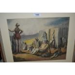 Harold Hope Read, watercolour, figures in deck chairs and other figures on a beach, unsigned,