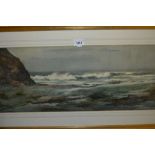 Lilian Reynolds, watercolour, rocky coastal scene, signed, 10.5ins x 27ins, gilt framed