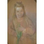 Large Continental oval pastel on card, portrait of a girl holding a parakeet, gilt framed