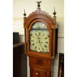 Early 19th Century mahogany longcase clock, the broken arch hood with flanking spiral pilasters,