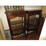Pair of Edwardian mahogany and line inlaid single door display cabinets on splay supports