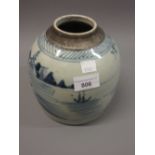 Chinese blue and white stoneware ginger jar (minus cover)