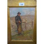 Scottish school oil on panel, portrait of a shepherd by a pen, gilded oak frame, 11.5ins x 7.5ins